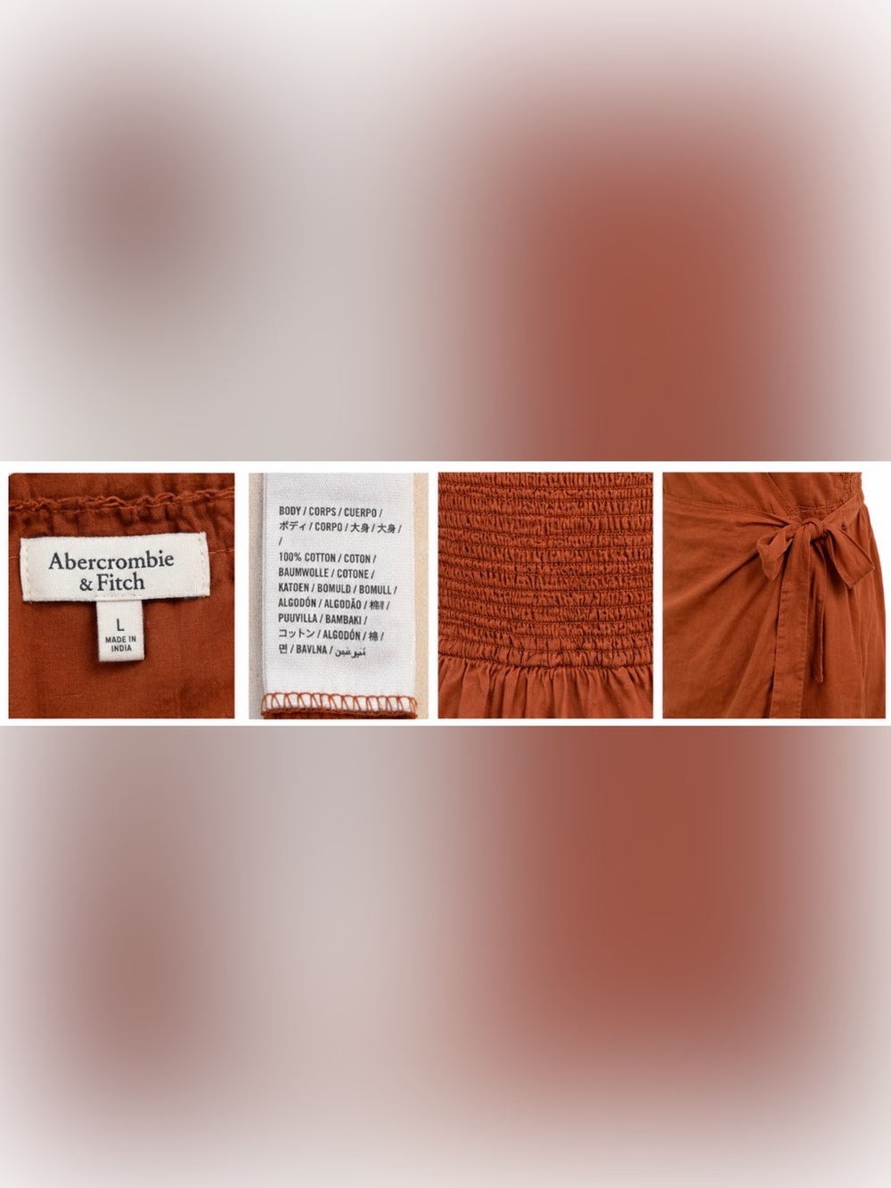 Abercrombie & Fitch Faux Wrap Mini Dress Cinnamon 100% Cotton Size L - Picture 5 of 5
